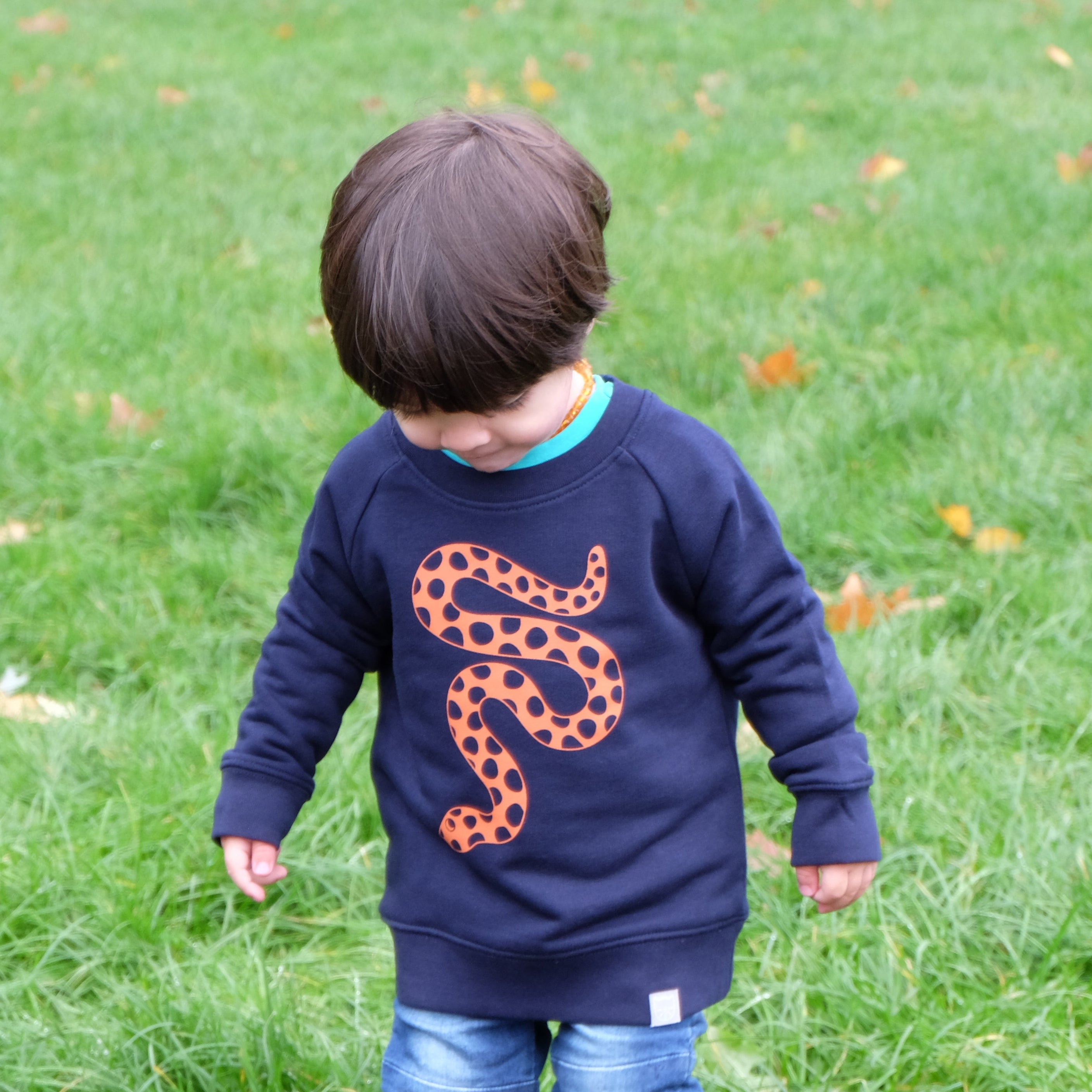 Child wearing a navy blue sweatshirt with an orange snake design on a grassy field.