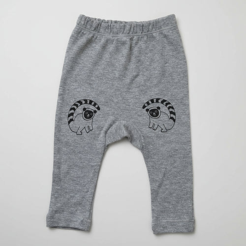 Grey organic cotton baby leggings with black lemur design front view